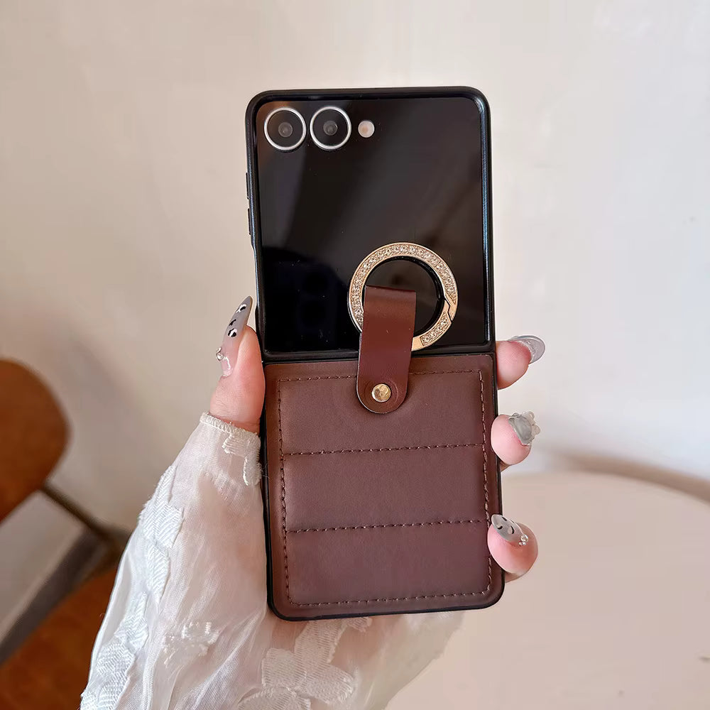 Luxury Plaid Soft Leather Anti-Fall Ring Holder Case for Samsung Galaxy Z Flip 4 / 5 / 6 / 7