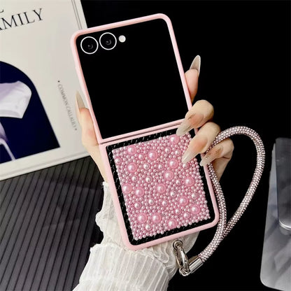 3D Water Droplet Pearl Case for Samsung Z Flip 7/6/5/4 – Shiny Wristband Bracelet & Soft Frame