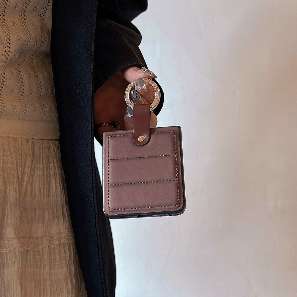 Luxury Plaid Soft Leather Anti-Fall Ring Holder Case for Samsung Galaxy Z Flip 4 / 5 / 6 / 7