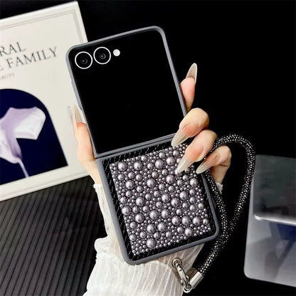 3D Water Droplet Pearl Case for Samsung Z Flip 7/6/5/4 – Shiny Wristband Bracelet & Soft Frame