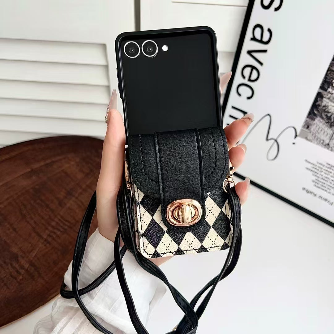Fashion Neck Strap Handbag with Card Slot Wallet PU Leather Cover for Samsung Galaxy Z Flip 4 / 5 / 6 / 7