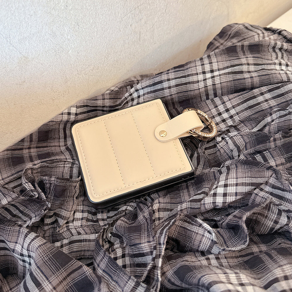 Luxury Plaid Soft Leather Anti-Fall Ring Holder Case for Samsung Galaxy Z Flip 4 / 5 / 6 / 7