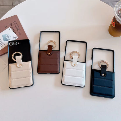 Luxury Plaid Soft Leather Anti-Fall Ring Holder Case for Samsung Galaxy Z Flip 4 / 5 / 6 / 7