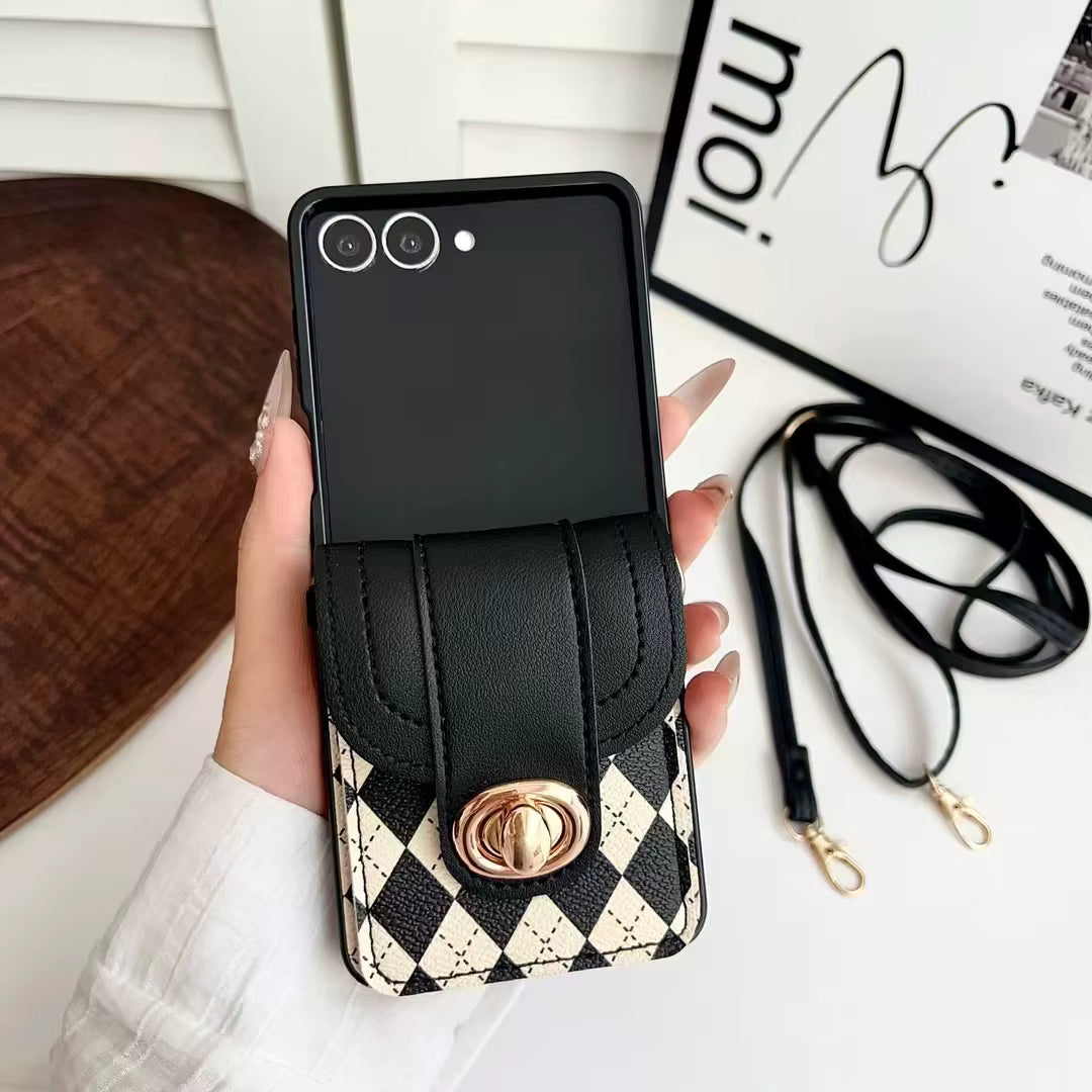 Fashion Neck Strap Handbag with Card Slot Wallet PU Leather Cover for Samsung Galaxy Z Flip 4 / 5 / 6 / 7
