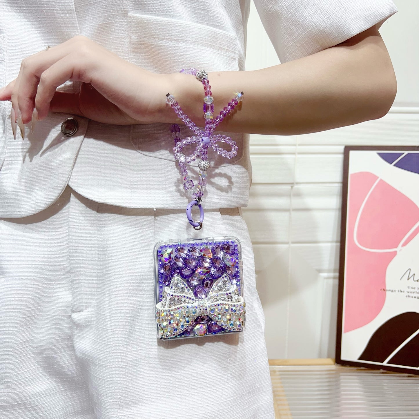 Glitter Diamond Bow Chain Phone Case for Samsung Z Flip 7/6/5/4