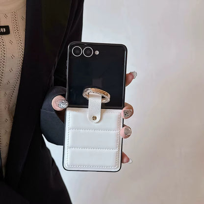 Luxury Plaid Soft Leather Anti-Fall Ring Holder Case for Samsung Galaxy Z Flip 4 / 5 / 6 / 7