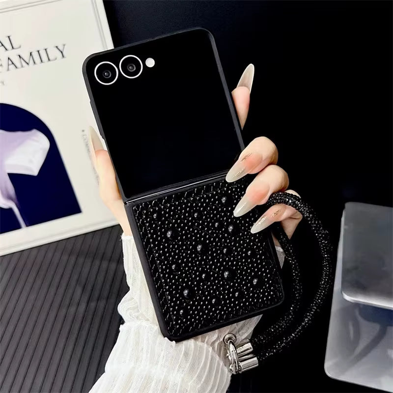 3D Water Droplet Pearl Case for Samsung Z Flip 7/6/5/4 – Shiny Wristband Bracelet & Soft Frame