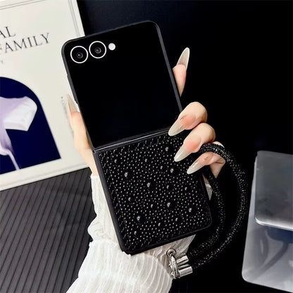 3D Water Droplet Pearl Case for Samsung Z Flip 7/6/5/4 – Shiny Wristband Bracelet & Soft Frame