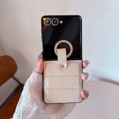 Luxury Plaid Soft Leather Anti-Fall Ring Holder Case for Samsung Galaxy Z Flip 4 / 5 / 6 / 7