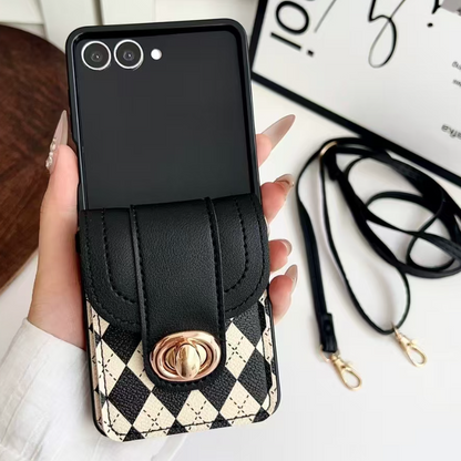 Fashion Neck Strap Handbag with Card Slot Wallet PU Leather Cover for Samsung Galaxy Z Flip 4 / 5 / 6 / 7