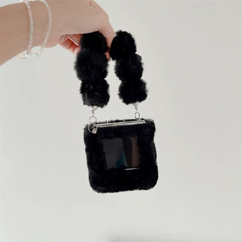 Plush Phone Case with Pom-Pom Chain Strap for Samsung Galaxy Z Flip 4 / 5 / 6 / 7 – Fall Warm Fluffy Shockproof Protective Cover for Women