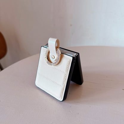 Luxury Plaid Soft Leather Anti-Fall Ring Holder Case for Samsung Galaxy Z Flip 4 / 5 / 6 / 7