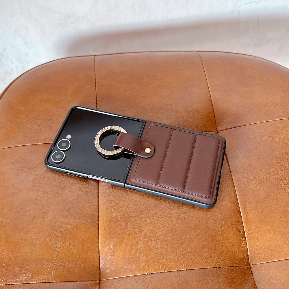 Luxury Plaid Soft Leather Anti-Fall Ring Holder Case for Samsung Galaxy Z Flip 4 / 5 / 6 / 7