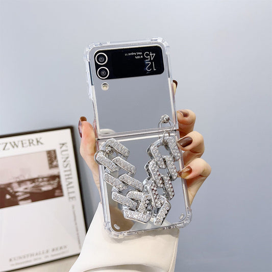 Luxury Mirror Case With Rhinestone Bracelet For Galaxy Z Flip