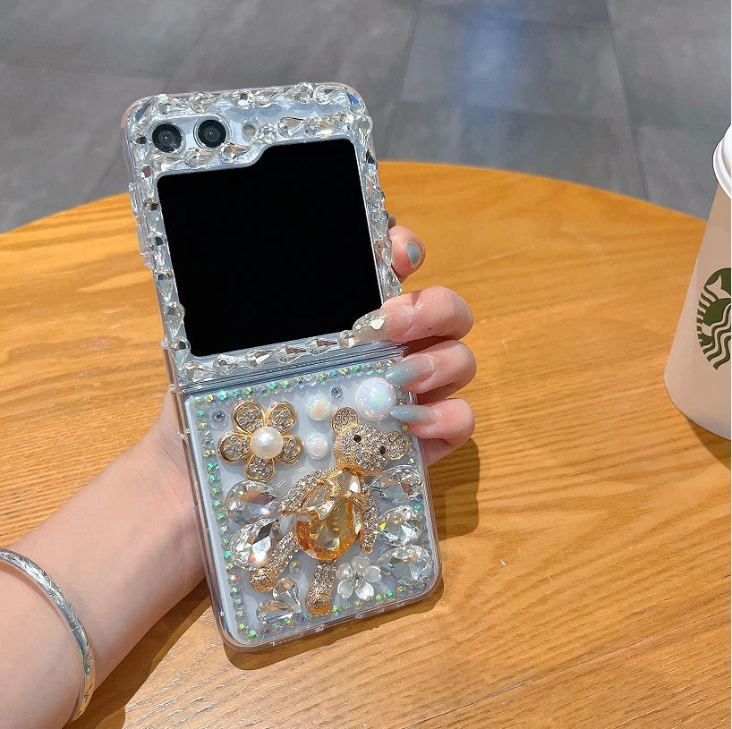 Bling Diamond Flower Bear Case for Samsung Galaxy Z Flip 3/4/5/6