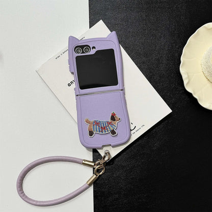 Dopamine Color Embroidery Cat Ear Phone Case with Hand Strap for Galaxy Z Flip 4/5/6