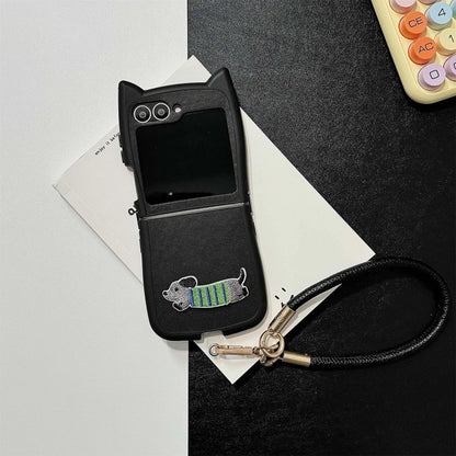 Dopamine Color Embroidery Cat Ear Phone Case with Hand Strap for Galaxy Z Flip 4/5/6