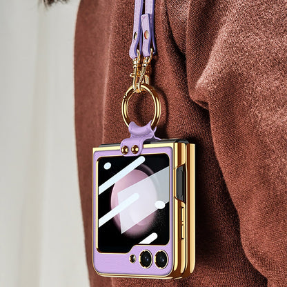 Luxury Leather Case with Ring Holder Lanyard for Samsung Galaxy Z Flip 5