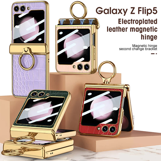 Leather Case With Front Glass & Bracket For Galaxy Z Flip 5