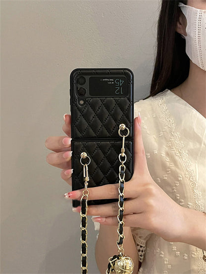 Luxury Adjustable Leather Chain Retro Rhombus Case for Samsung Galaxy Z Flip 4