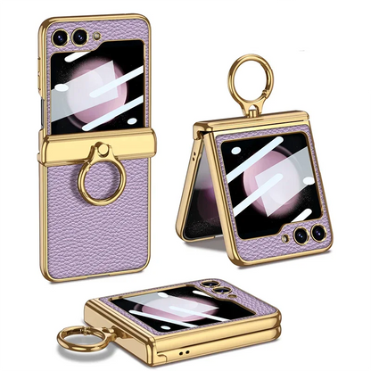 Leather Case With Front Glass & Bracket For Galaxy Z Flip 5