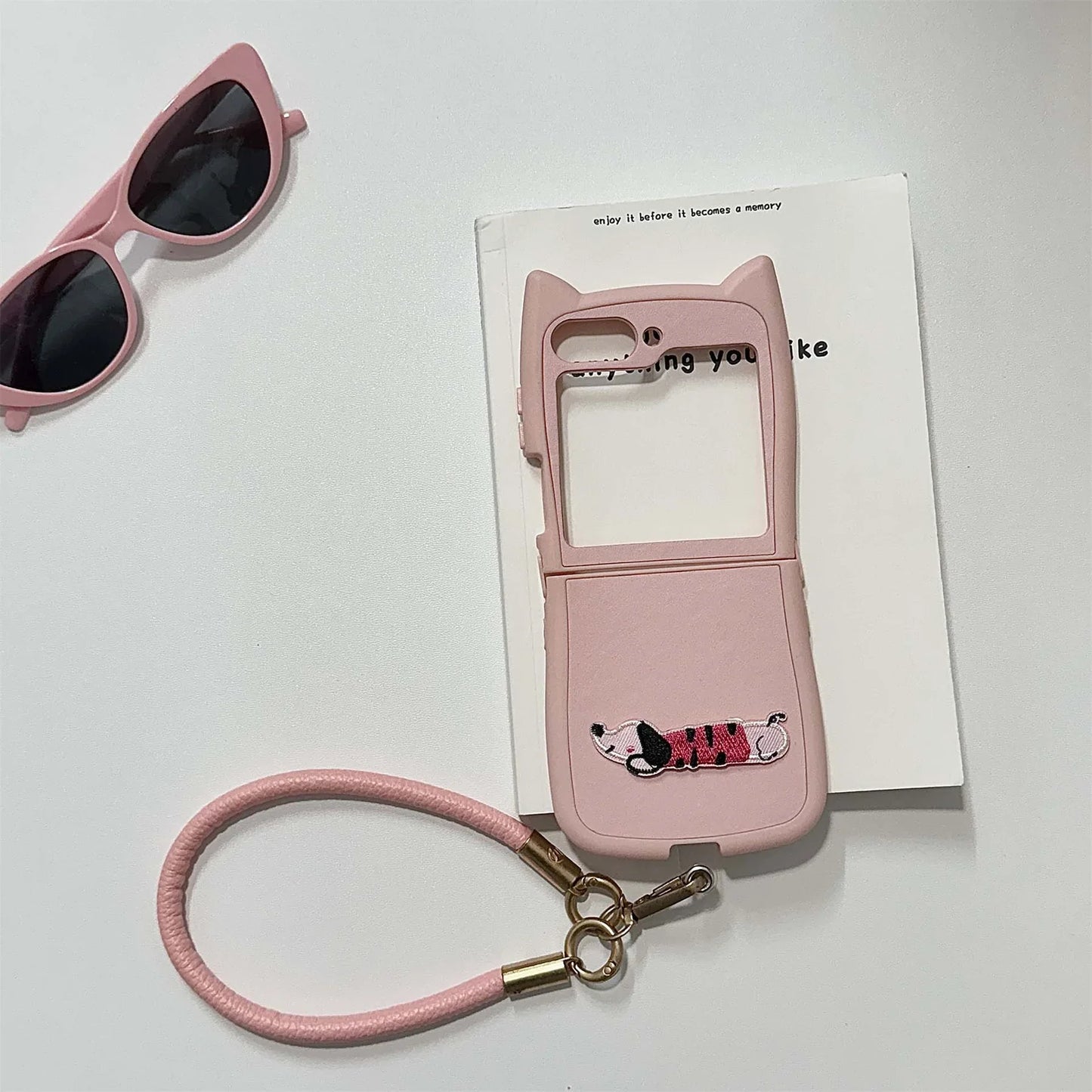 Dopamine Color Embroidery Cat Ear Phone Case with Hand Strap for Galaxy Z Flip 4/5/6