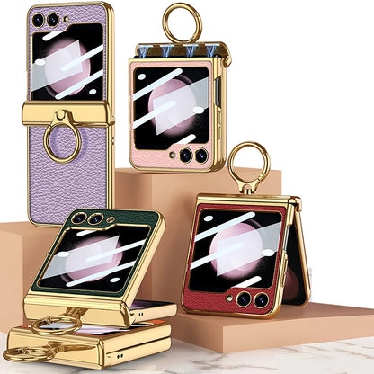 Leather Case With Front Glass & Bracket For Galaxy Z Flip 5