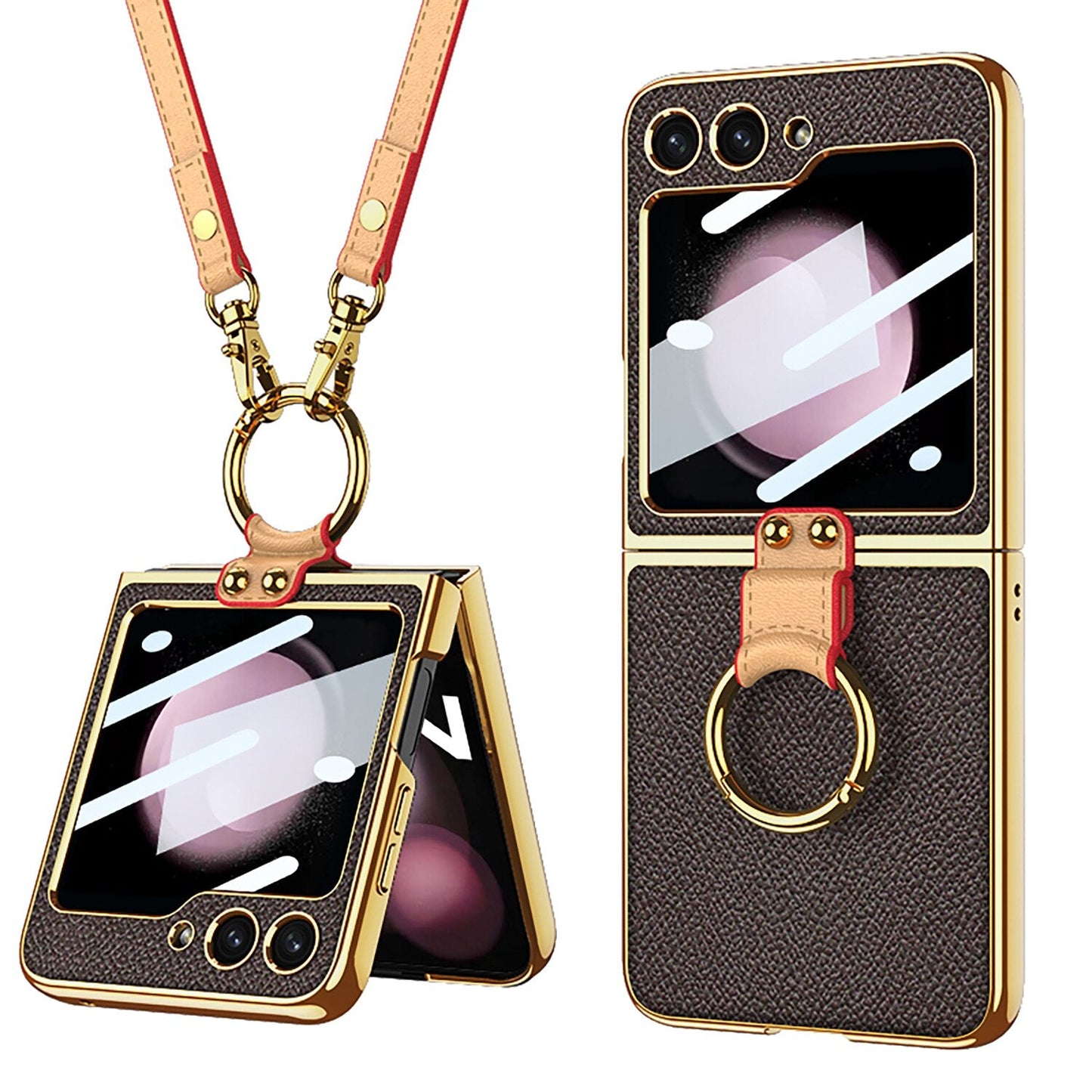 Luxury Leather Case with Ring Holder Lanyard for Samsung Galaxy Z Flip 5