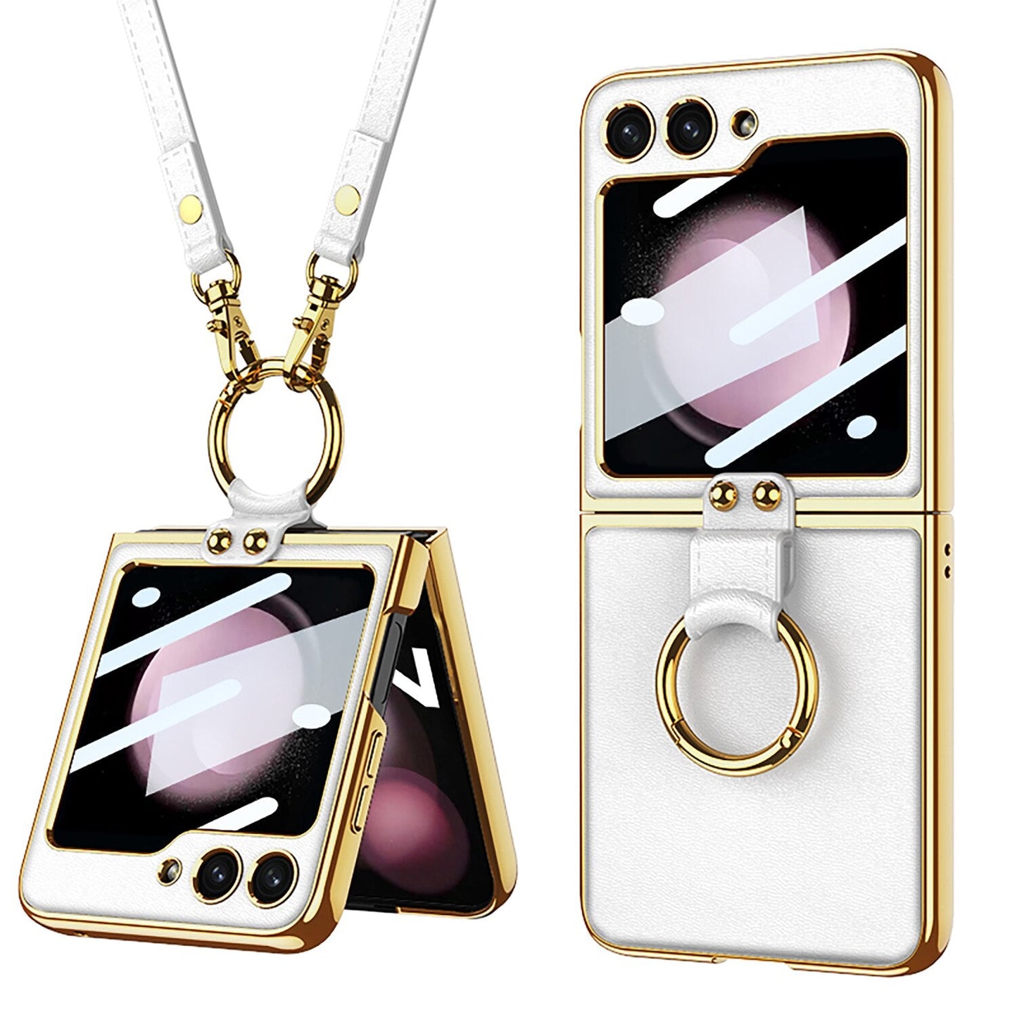 Luxury Leather Case with Ring Holder Lanyard for Samsung Galaxy Z Flip 5