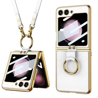 Luxury Leather Case with Ring Holder Lanyard for Samsung Galaxy Z Flip 5