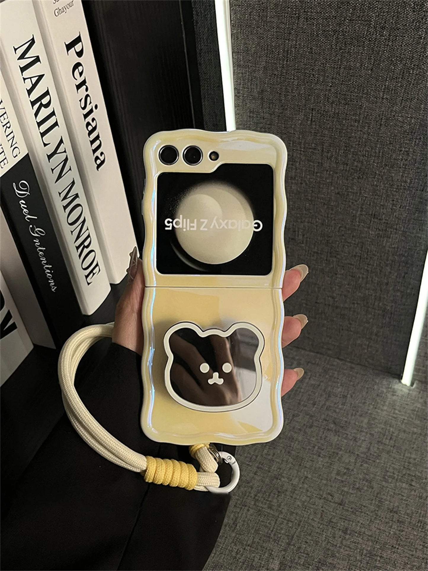 Korean Cute Yellow Case with Bear Mirror & Rope for Samsung Galaxy Z Flip 5/6