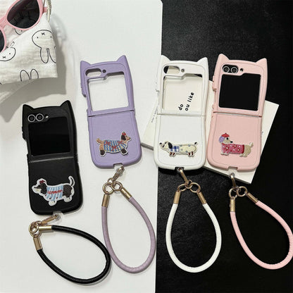Dopamine Color Embroidery Cat Ear Phone Case with Hand Strap for Galaxy Z Flip 4/5/6