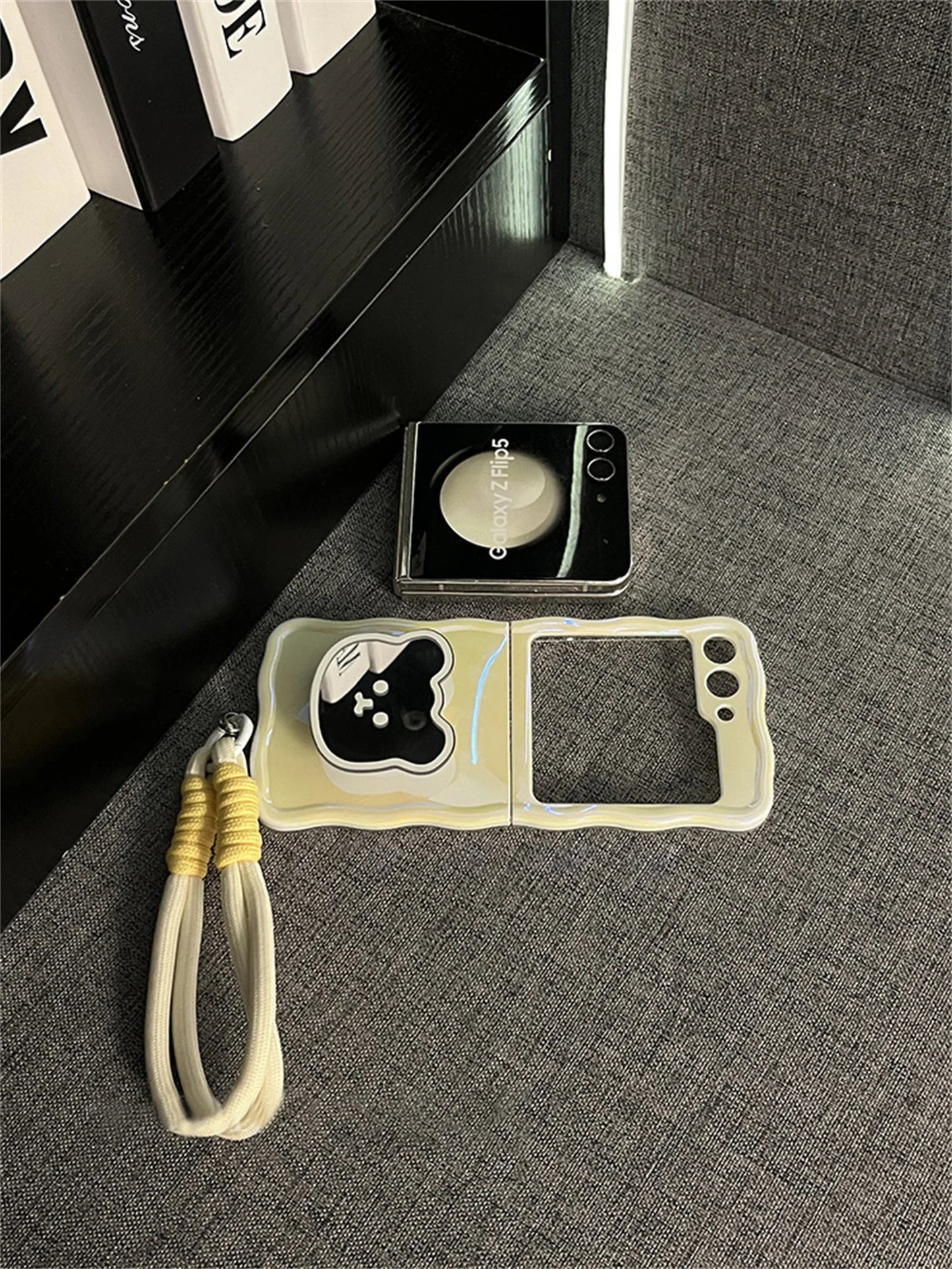 Korean Cute Yellow Case with Bear Mirror & Rope for Samsung Galaxy Z Flip 5/6