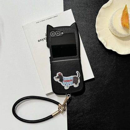Dopamine Color Embroidery Cat Ear Phone Case with Hand Strap for Galaxy Z Flip 4/5/6