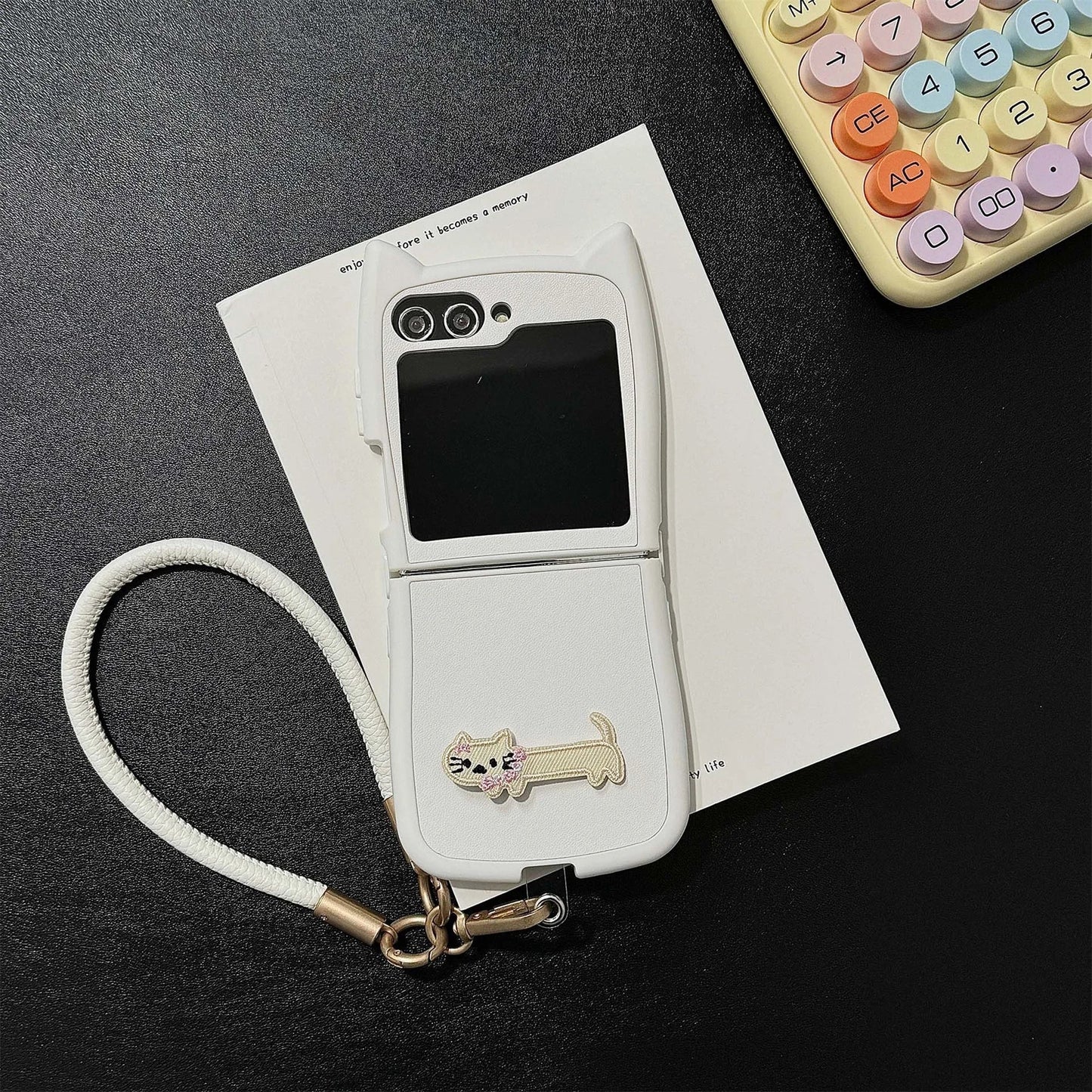 Dopamine Color Embroidery Cat Ear Phone Case with Hand Strap for Galaxy Z Flip 4/5/6
