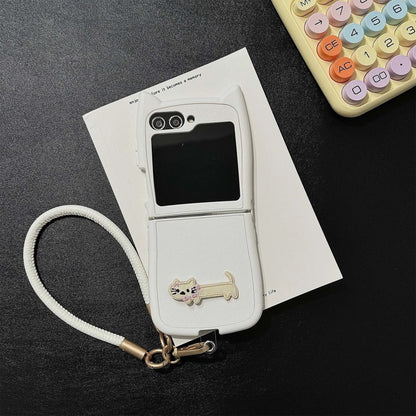 Dopamine Color Embroidery Cat Ear Phone Case with Hand Strap for Galaxy Z Flip 4/5/6