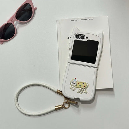 Dopamine Color Embroidery Cat Ear Phone Case with Hand Strap for Galaxy Z Flip 4/5/6