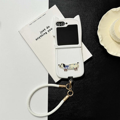 Dopamine Color Embroidery Cat Ear Phone Case with Hand Strap for Galaxy Z Flip 4/5/6