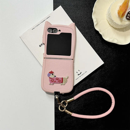 Dopamine Color Embroidery Cat Ear Phone Case with Hand Strap for Galaxy Z Flip 4/5/6