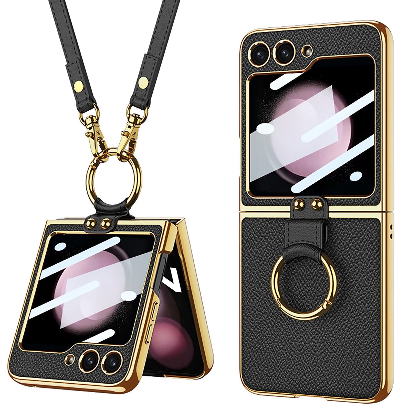 Luxury Leather Case with Ring Holder Lanyard for Samsung Galaxy Z Flip 5
