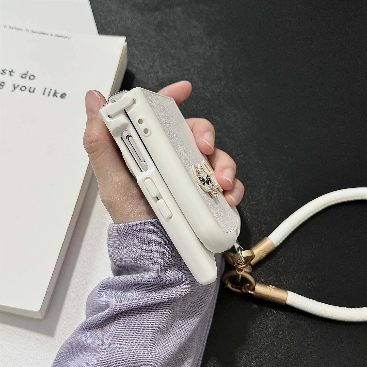 Dopamine Color Embroidery Cat Ear Phone Case with Hand Strap for Galaxy Z Flip 4/5/6