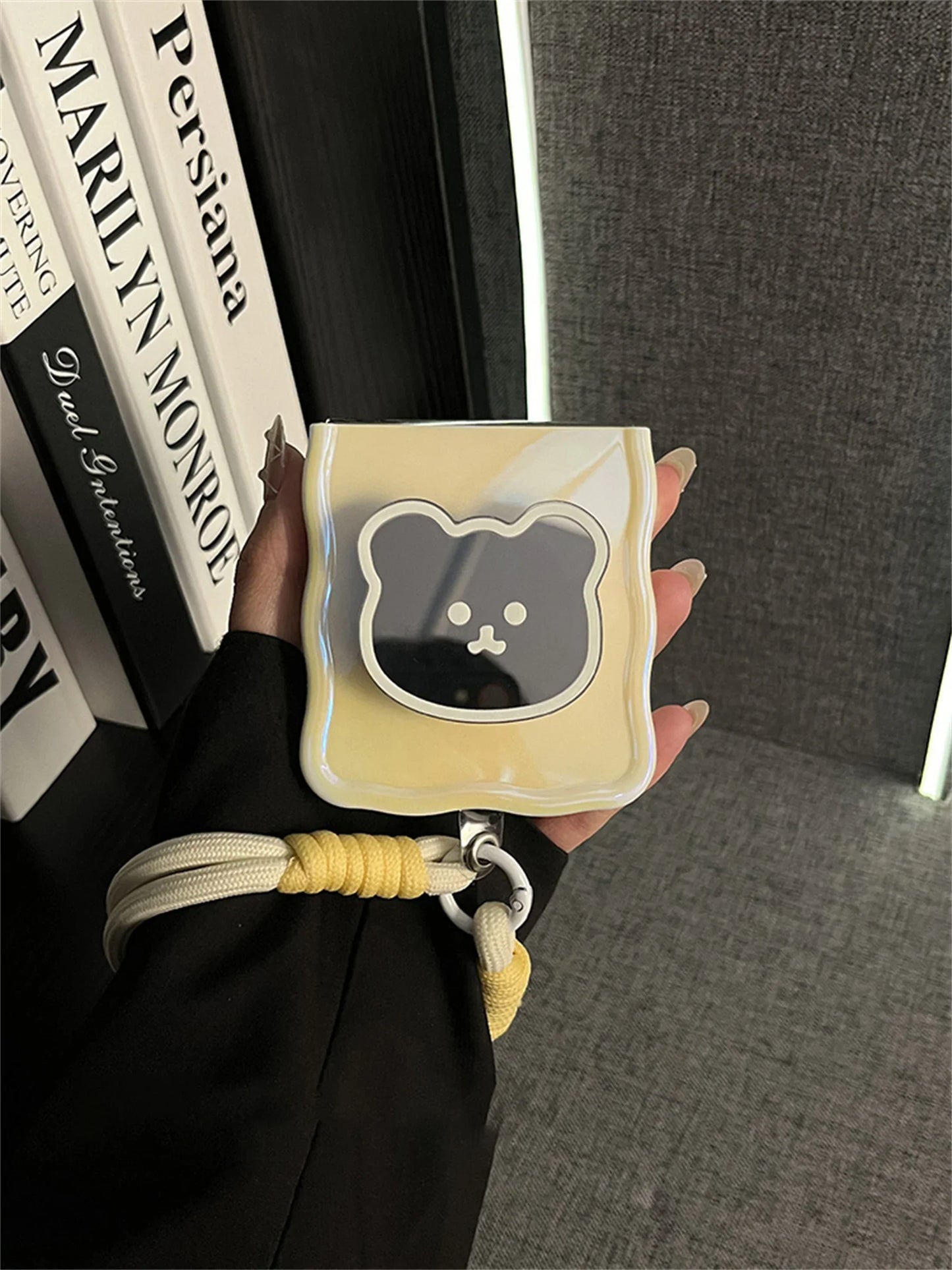 Korean Cute Yellow Case with Bear Mirror & Rope for Samsung Galaxy Z Flip 5/6