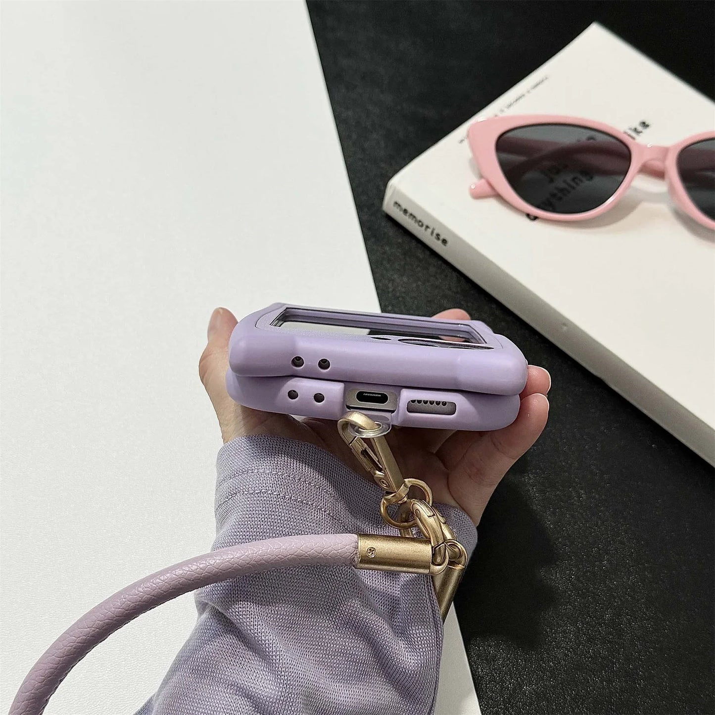 Dopamine Color Embroidery Cat Ear Phone Case with Hand Strap for Galaxy Z Flip 4/5/6