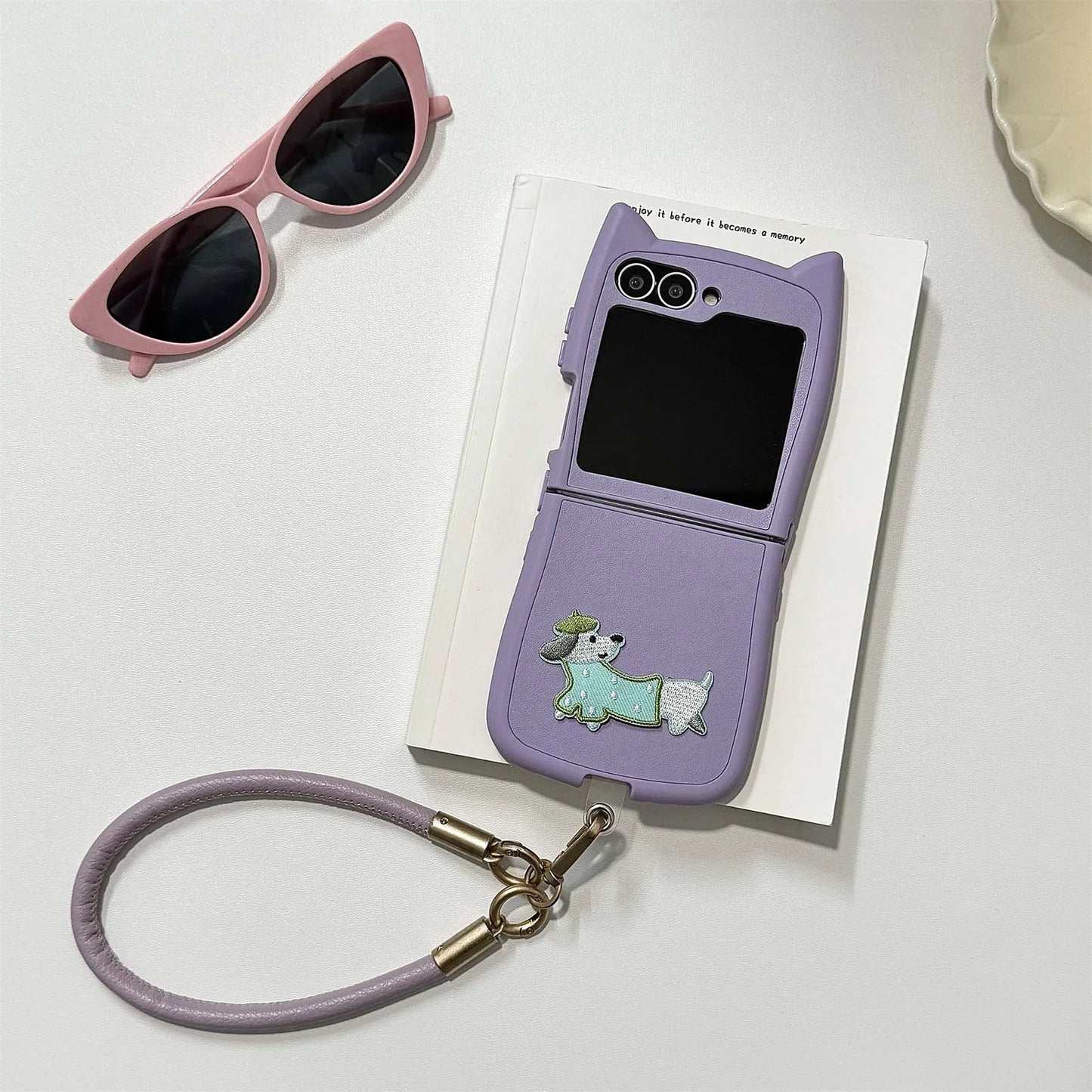 Dopamine Color Embroidery Cat Ear Phone Case with Hand Strap for Galaxy Z Flip 4/5/6