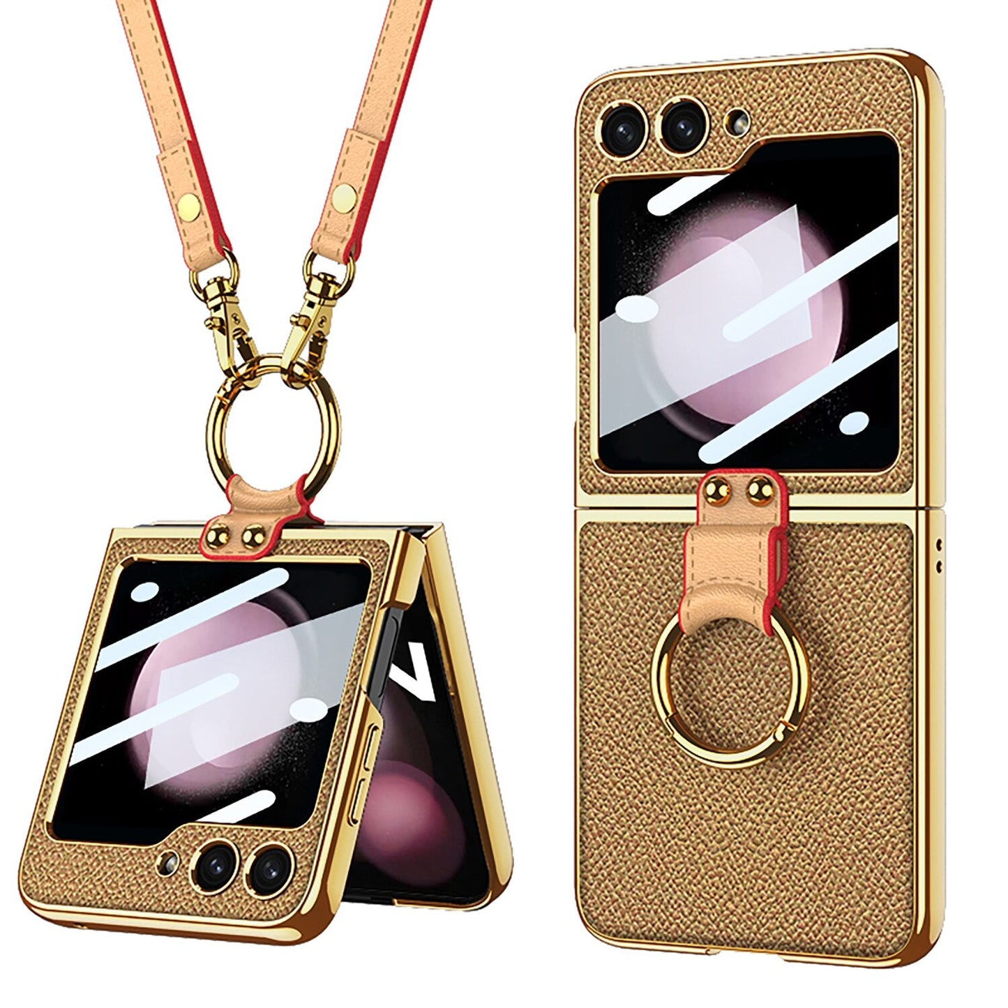 Luxury Leather Case with Ring Holder Lanyard for Samsung Galaxy Z Flip 5