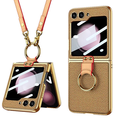 Luxury Leather Case with Ring Holder Lanyard for Samsung Galaxy Z Flip 5
