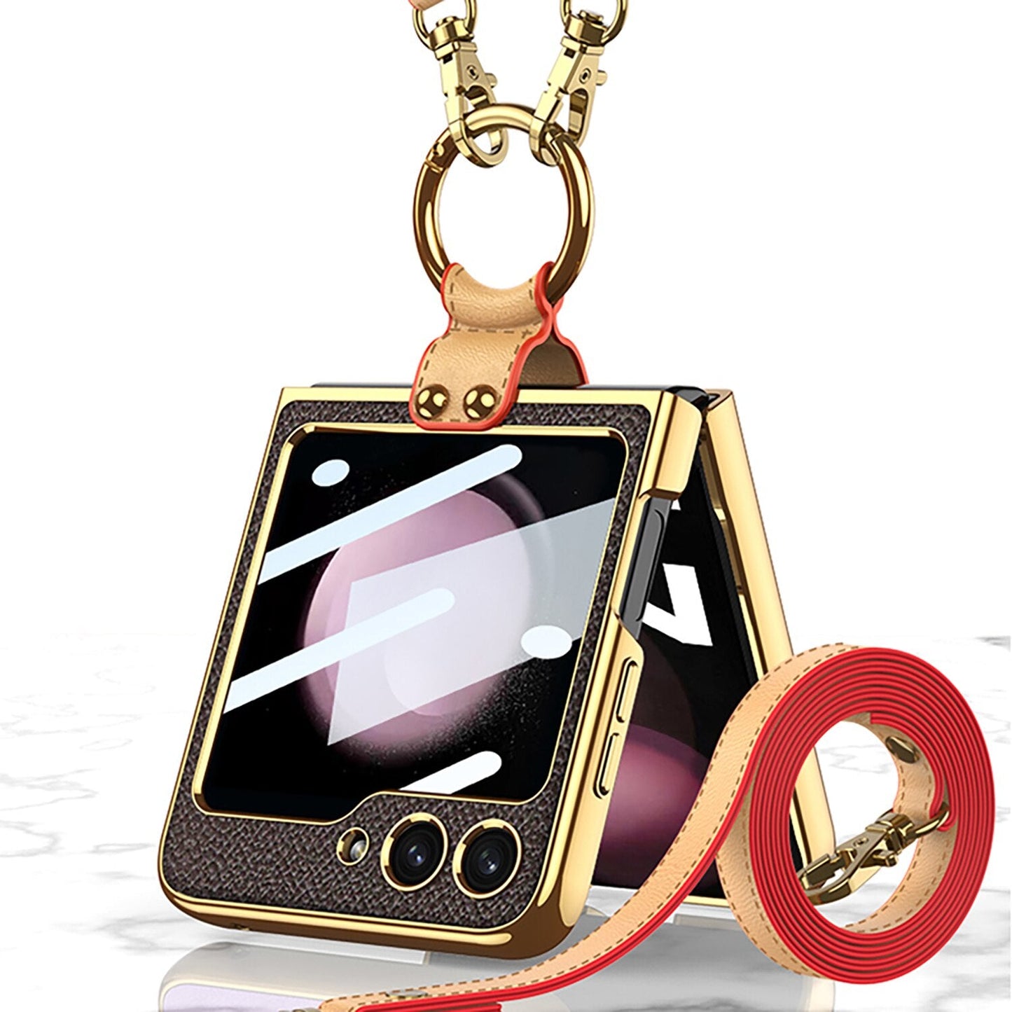 Luxury Leather Case with Ring Holder Lanyard for Samsung Galaxy Z Flip 5