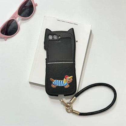 Dopamine Color Embroidery Cat Ear Phone Case with Hand Strap for Galaxy Z Flip 4/5/6
