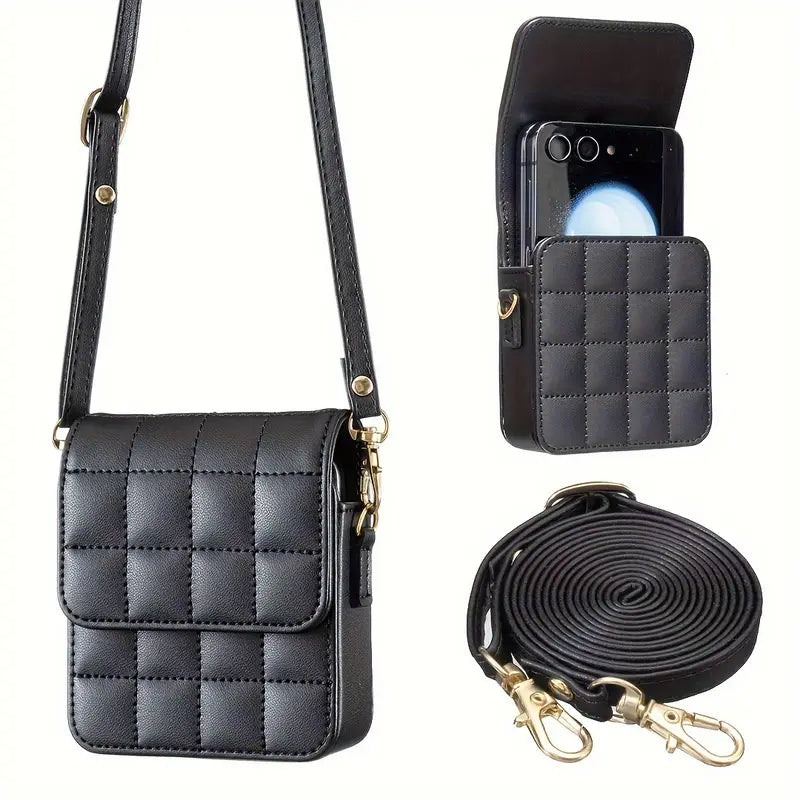 Luxury Crossbody Phone Bag for Samsung Galaxy Z Flip Series – Quilted PU Leather Case with Shoulder Strap