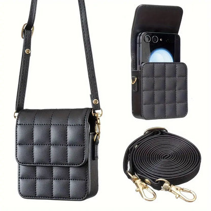 Luxury Crossbody Phone Bag for Samsung Galaxy Z Flip Series – Quilted PU Leather Case with Shoulder Strap